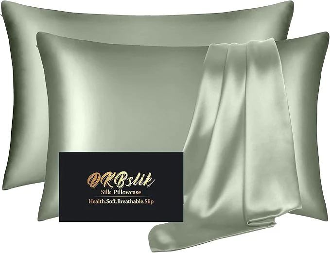 Functional Silk Pillow Cases 2 Pack Mulberry Silk Pillowcases Standard Set of 2 Smooth Anti Acne Beauty Sleep Both Sides Natural Silk Satin Pillow Cases for Women 2 Pack with Zipper for Gift Sage Green Traditional