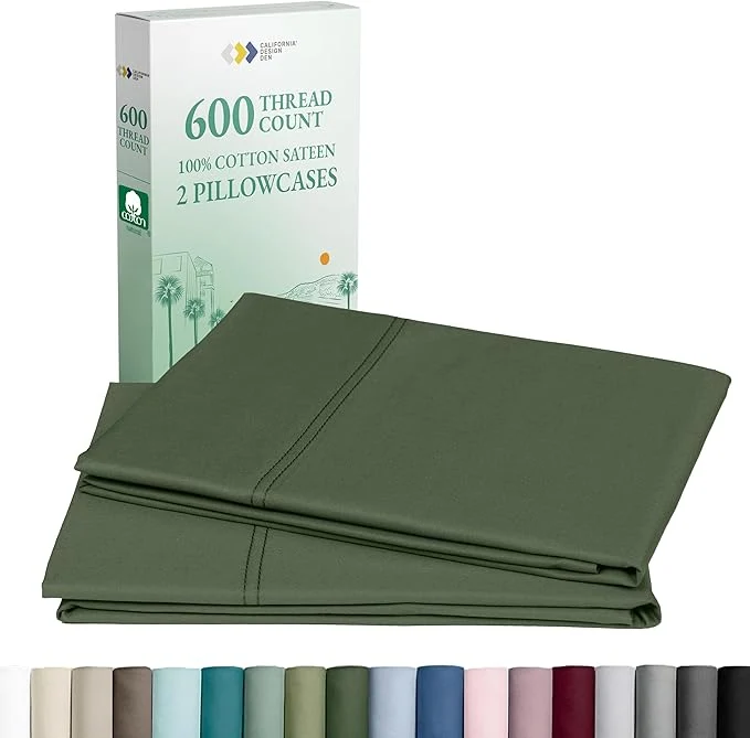 Proven California Design Den Standard Queen Pillow Cases Set of 2 – Luxuriously Soft Premium 600 Thread Count Cotton Crisp Sateen Fits Standard amp Queen Pillows – Dark Olive Green Original Design