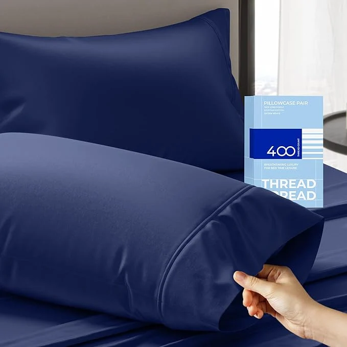 Consistent THREAD SPREAD Cotton Pillow Cases Queen Size Set of 2 – Luxury 400 Thread Count Queen Pillow Cases Navy Blue Soft Cooling Breathable Hotel Quality Cotton Pillowcases Fits Standard Pillows Stylish