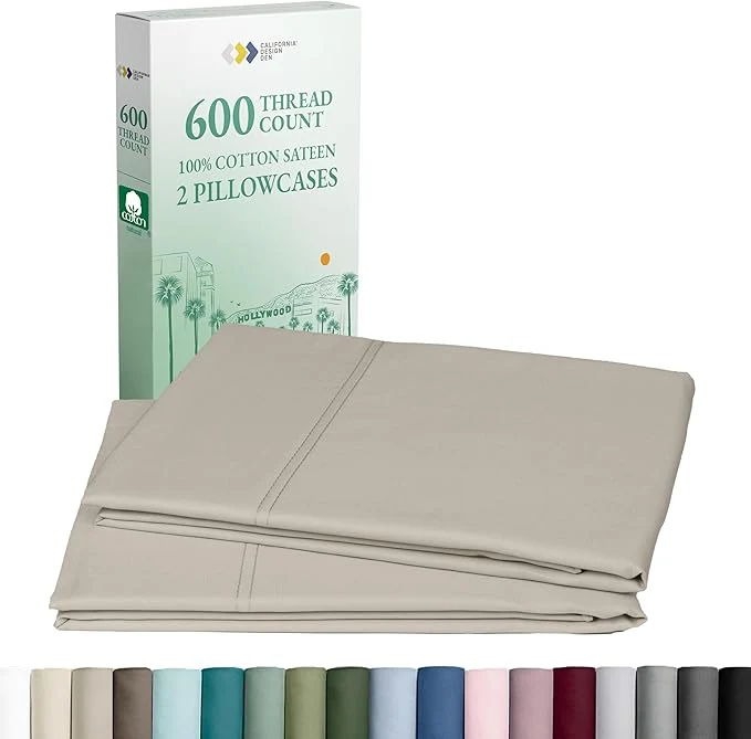 Smooth California Design Den Premium Standard Queen Size Pillow Cases Set of 2-600 Thread Count Sateen Natural Cotton Pillow Cover Crisp Durable Bedding – Soft Linen Expertly Made