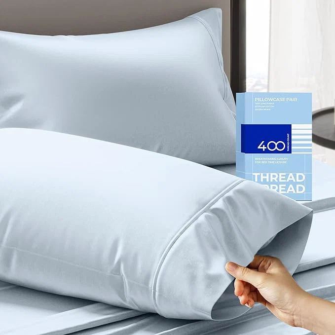 Sophisticated THREAD SPREAD Cotton King Size Pillow Cases Set of 2 – Luxury 400 Thread Count Pillow Cases King Size Light Blue Soft Cooling Breathable amp Durable Sateen Weave Hotel Quality Cotton Pillowcases Trusted