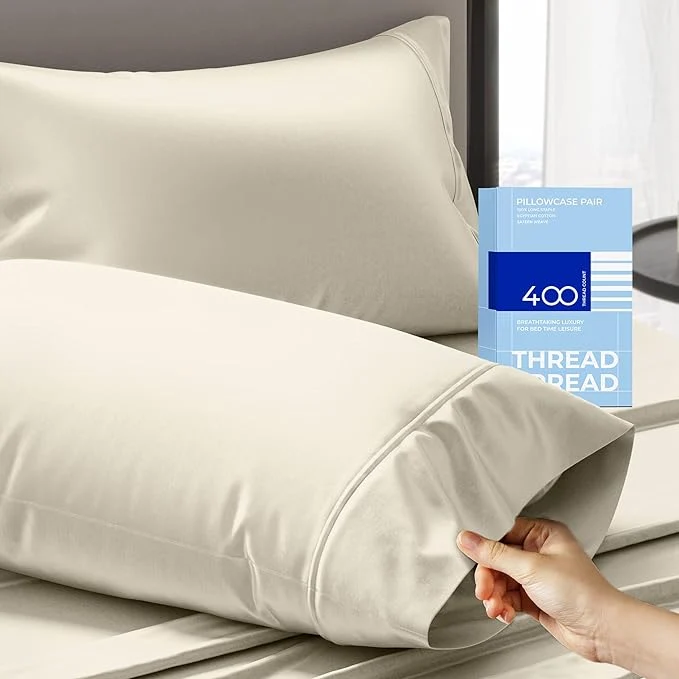 Modern THREAD SPREAD Cotton King Size Pillow Cases Set of 2 – Luxury 400 Thread Count Pillow Cases King Size Ivory Soft Cooling Breathable amp Durable Sateen Weave Hotel Quality Cotton Pillowcases Responsible