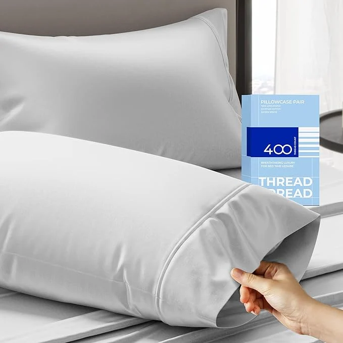 Secure THREAD SPREAD Cotton Pillow Cases Queen Size Set of 2 – Luxury 400 Thread Count Queen Pillow Cases Silver Soft Cooling Breathable Hotel Quality Cotton Pillowcases Fits Standard Pillows Fine