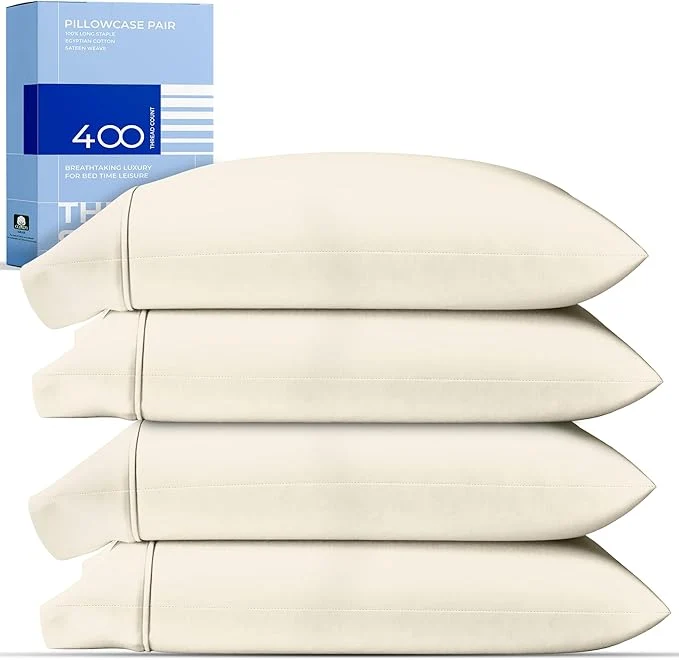 Excellent THREAD SPREAD Cotton King Size Pillow Cases Set of 2 – Luxury 400 Thread Count Pillow Cases King Size Ivory Soft Cooling Breathable amp Durable Sateen Weave Hotel Quality Cotton Pillowcases Natural