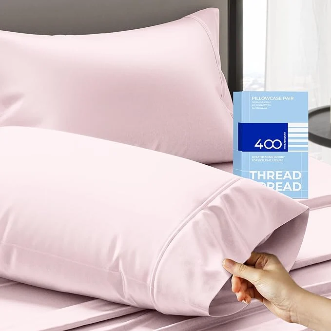 Pure THREAD SPREAD Cotton Pillow Cases Queen Size Set of 2 – Luxury 400 Thread Count Queen Pillow Cases Blush Soft Cooling Breathable Hotel Quality Cotton Pillowcases Fits Standard Pillows Artisan