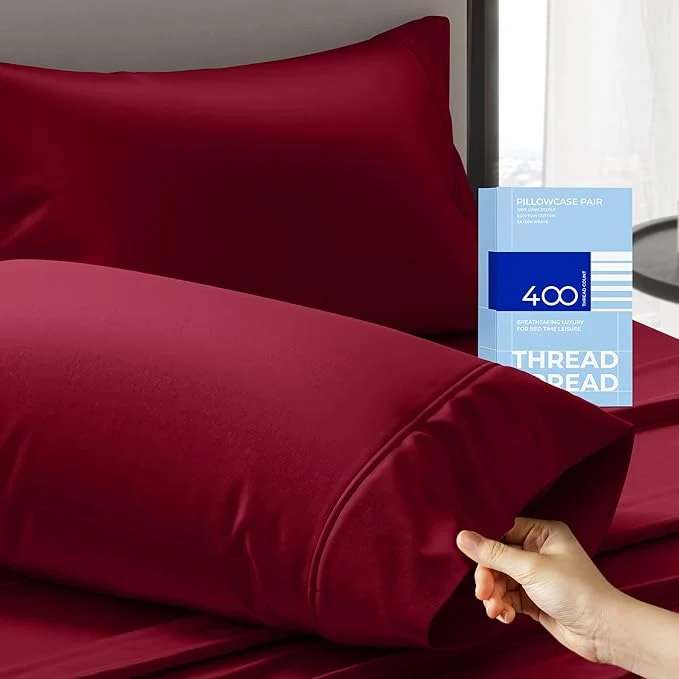 Effective THREAD SPREAD Cotton King Size Pillow Cases Set of 2 – Luxury 400 Thread Count Pillow Cases King Size Burgundy Soft Cooling Breathable amp Durable Sateen Weave Hotel Quality Cotton Pillowcases Long-Lasting