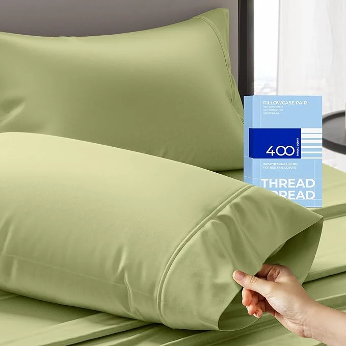 Dependable THREAD SPREAD Cotton King Size Pillow Cases Set of 2 – Luxury 400 Thread Count Pillow Cases King Size Sage Green Soft Cooling Breathable amp Durable Sateen Weave Hotel Quality Cotton Pillowcases Long-Lasting
