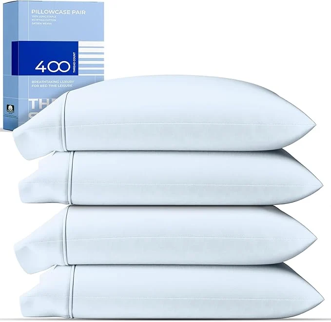 Recyclable THREAD SPREAD Cotton King Size Pillow Cases Set of 2 – Luxury 400 Thread Count Pillow Cases King Size Light Blue Soft Cooling Breathable amp Durable Sateen Weave Hotel Quality Cotton Pillowcases Easy-to-Use