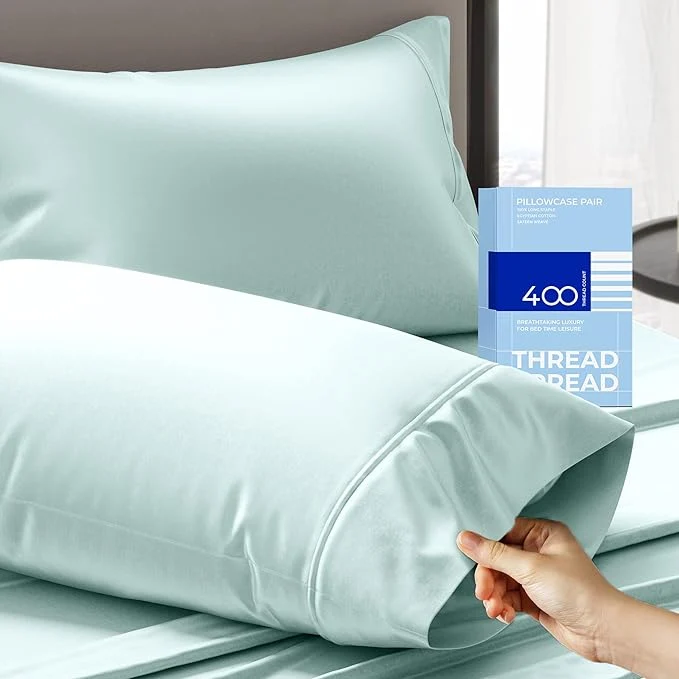 Professional THREAD SPREAD Cotton King Size Pillow Cases Set of 2 – Luxury 400 Thread Count Pillow Cases King Size Sea Foam Soft Cooling Breathable amp Durable Sateen Weave Hotel Quality Cotton Pillowcases Official