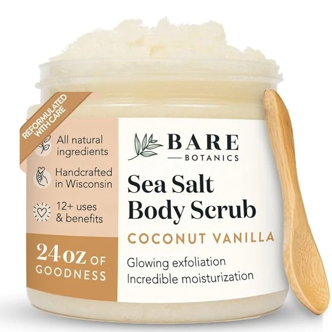 Safe Bare Botanics Coconut Vanilla Body Scrub 24oz Made in Madison WI All Innovative