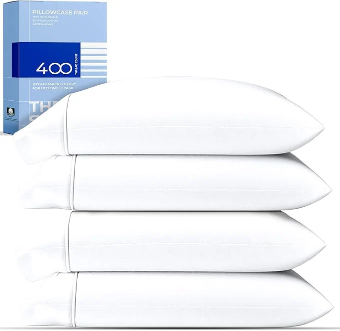Natural THREAD SPREAD Cotton Pillow Cases Queen Size Set of 2 – Luxury 400 Thread Count Queen Pillow Cases White Soft Cooling Breathable Hotel Quality Cotton Pillowcases Fits Standard Pillows Green