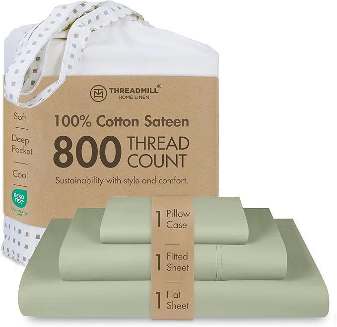 Crafted Threadmill 800 Thread Count Cotton Sheets – Luxury Sateen Weave Sage Green Twin XL Bed-Sheets Better Than Egyptian Cotton 3 Pc Solid Bedding Set Fits 15 quot Deep Pocket High-End