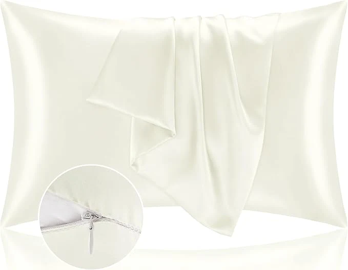 Reusable BEDELITE Satin Pillowcase with Zipper Ivory Pillow Cases Queen Size Set of 2 Super Soft and Cooling Similar to Silk Pillow Cases Gift for Women Men 20×30 Inches High-Grade