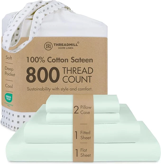 Efficient Threadmill King Size Sheets 800 Thread Count King Bed Sheets Set for King Mattress 16 Deep Pocket Sateen Weave Better Than Egyptian Cotton 4-Piece Bedding Set with Cooling Effect Seaglass Secure
