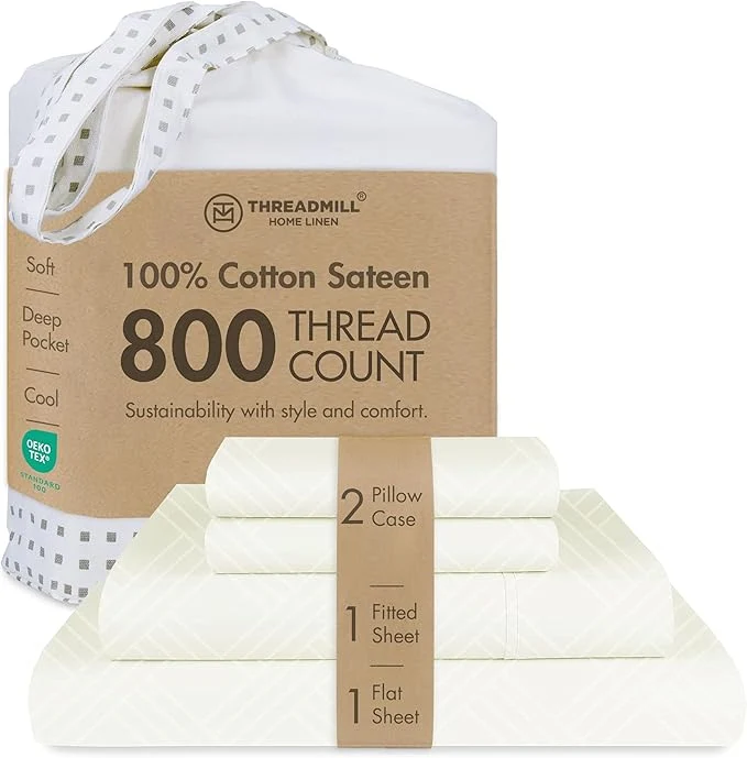 Long-Lasting Threadmill California-King Sheets – 800 Thread Count Jacquard Celine Ivory Pure Cotton 4 Piece Striped Bed Set Extra Long Staple Cotton Luxury Damask Sheets with Elasticized Deep Pocket Secure