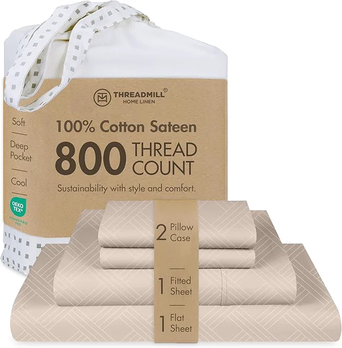 Original Design Threadmill Queen Sheet Set for Queen Mattresses 800 Thread Count Jacquard Celine Light Beige Better Than Egyptian Cotton 4 Pc Bed Sheets Elasticized Deep Pocket Cotton Queen Sheets Lightweight