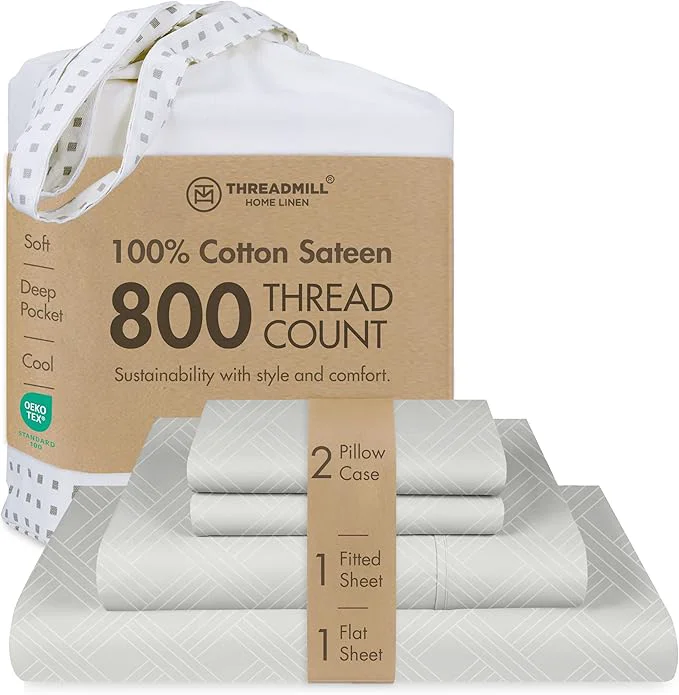 Fine Threadmill California King Size Sheets 800 Thread Count Jacquard Celine Light Grey 4 Piece Striped Bed Sheets Extra Long Staple Cotton Sheet Luxury Damask Sheets with Elasticized Deep Pocket Premium