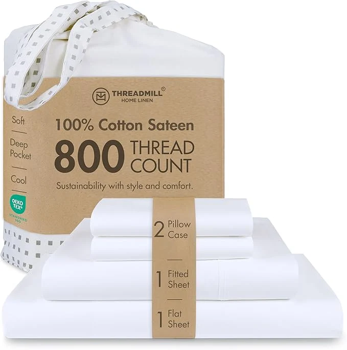 Professional Threadmill Luxury 800 Thread Count California King Cotton Sheets – Hotel White Sateen Weave Bed-Sheets Better Than Egyptian Cotton 4 Pc Solid Bed Set Fits 16 quot Deep Pocket Authentic