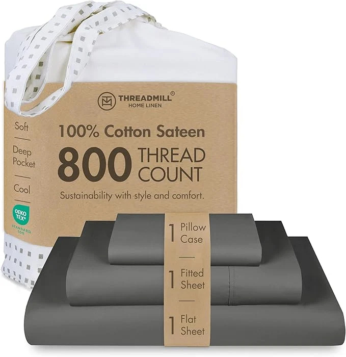 Outstanding Threadmill Luxury 800 Thread Count Cotton Sheets – Dark Grey Sateen Weave Twin Size Bed-Sheets Better Than Egyptian Cotton 3 Pc Solid Soft Bedding Set Fits 15 quot Deep Pocket Refined