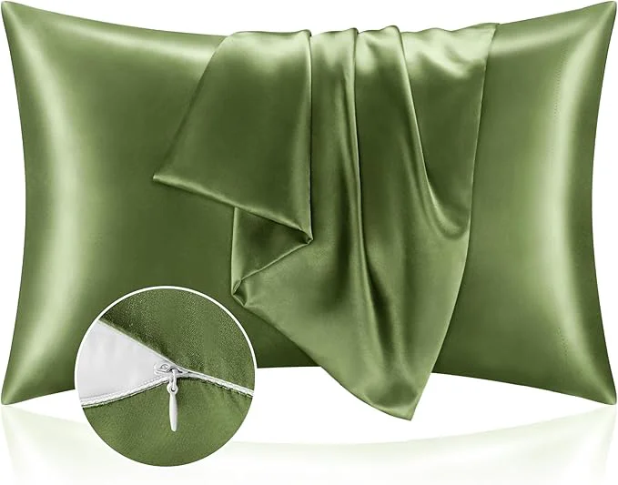 Unique BEDELITE Satin Pillowcase with Zipper 2 Pack Cedar Green Pillow Cases Standard Size Super Soft and Cooling Similar to Silk Pillow Cases Gift for Women Men 20×26 Inches Durable