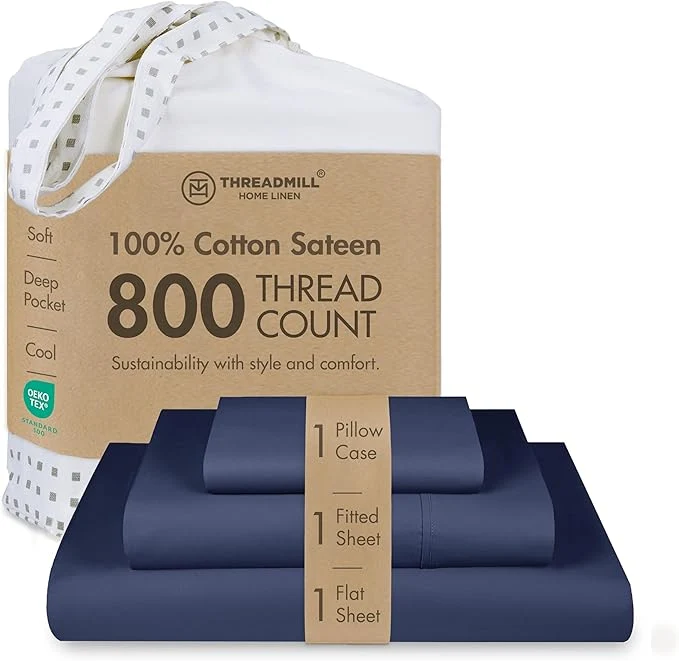 Trendy Threadmill Luxury 800 Thread Count Cotton Sheets – Sateen Weave Twin XL Bed-Sheets Better Than Egyptian Cotton 3 Pc Solid Soft Bedding Set Folkstone Blue Fits 15 quot Deep Pocket Pure