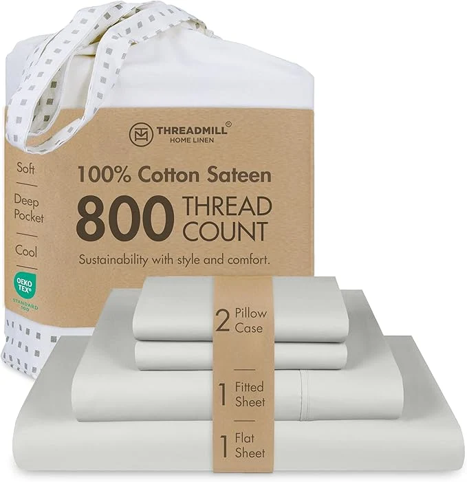 Exclusive Threadmill Luxury 800 Thread Count California King Cotton Sheets – Light Grey Sateen Weave Bed-Sheets Better Than Egyptian Cotton 4 Pc Solid Bed Set Fits 16 quot Deep Pocket Flexible