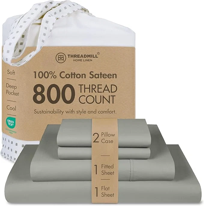 High-Quality Threadmill Luxury 800 Thread Count King Cotton Sheets – Moonrock Grey Sateen Weave Bed-Sheets Better Than Egyptian Cotton 4 Pc Solid Soft Bed Set Fits 16 quot Deep Pocket Detailed