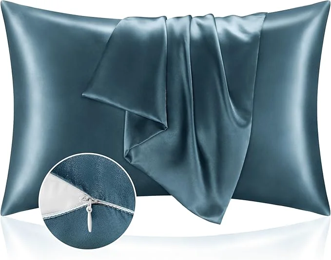 Organic BEDELITE Satin Pillowcase with Zipper 2 Pack Bluesteel Pillow Cases Standard Size Super Soft and Cooling Similar to Silk Pillow Cases Gift for Women Men 20×26 Inches Elite