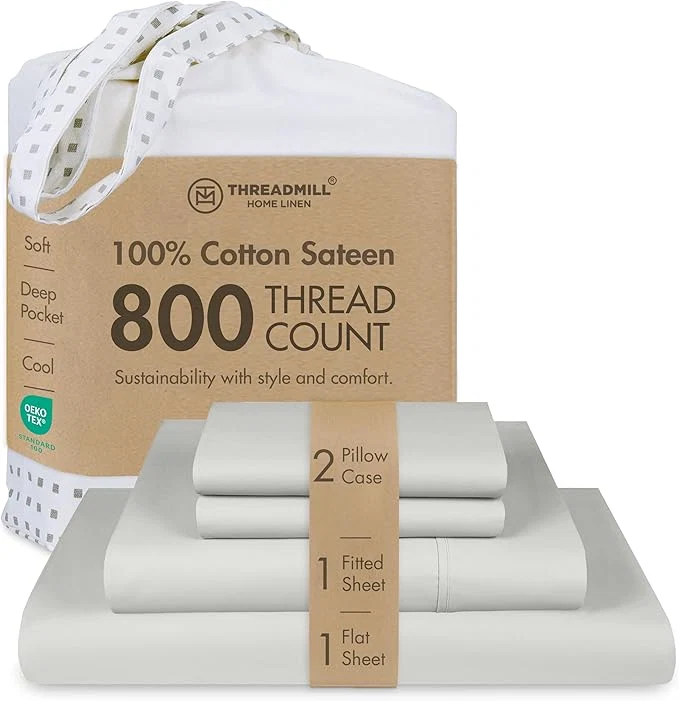 Threadmill Luxury 800 Thread Count Full Size Cotton Sheets – Light Grey Sateen Weave Bed-Sheets Better Than Egyptian Cotton 4 Pc Solid Bed Set Fits 16 quot Deep Pocket Selected