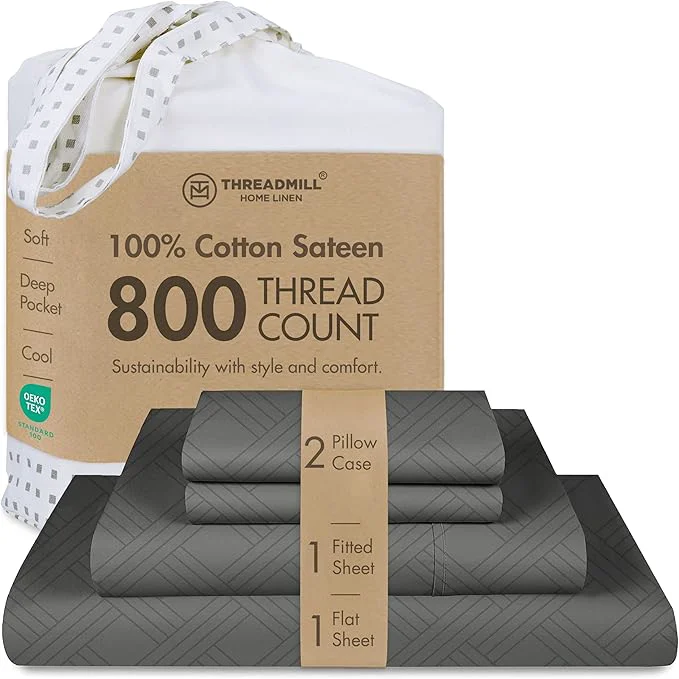 Healthy Threadmill California-King Sheets – 800 Thread Count Jacquard Celine Dark Grey Pure Cotton 4 Piece Striped Bed Set Extra Long Staple Cotton Luxury Damask Sheets with Elasticized Deep Pocket High-End