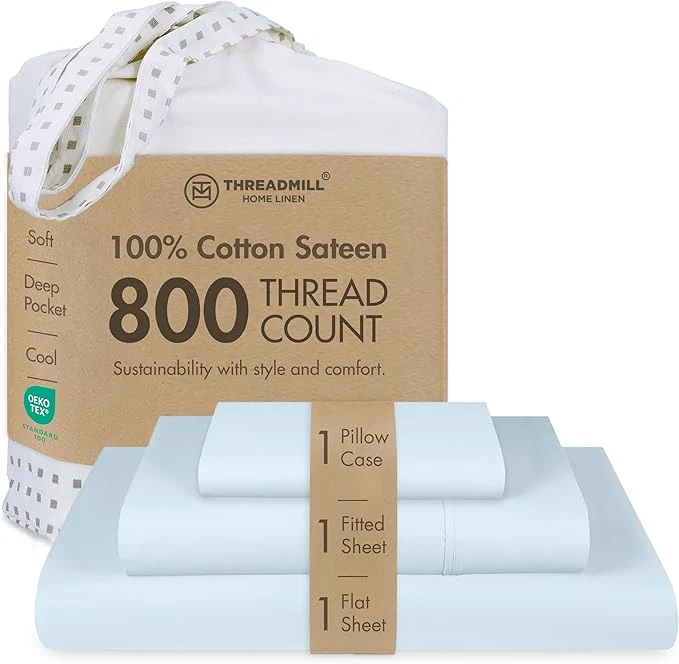 Crafted Threadmill Luxury 800 Thread Count Cotton Sheets – Sateen Weave Twin XL Bed-Sheets Better Than Egyptian Cotton 3 Pc Solid Soft Bedding Set Light Blue Fits 15 quot Deep Pocket Safe