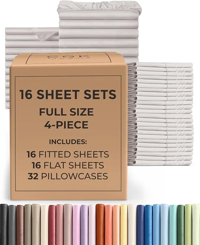 High-Grade Bulk Case Pack of 16 Sheet Sets – 16 Complete Full Size Sheet Sets with Deep Pockets – Whole Bulk Bedding for Hotels Spas amp Airbnbs – Breathable Cooling and Wrinkle – Full Light Grey Exceptional