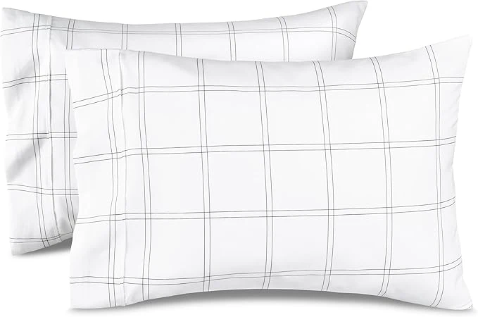 Innovative Bare Home Microfiber Pillow Cases – King Size Set of 2 – Cooling Pillowcases – Double Brushed – Pillowcases 2 Pack – Easy Care King Modern Plaid – White Grey Prestigious