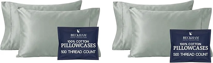 Unique Beckham Hotel Collection Cotton Pillowcases Standard Queen 500TC Sateen Finish Open End Breathable Moisture-Wicking Aqua Gray 4 Pieces Verified