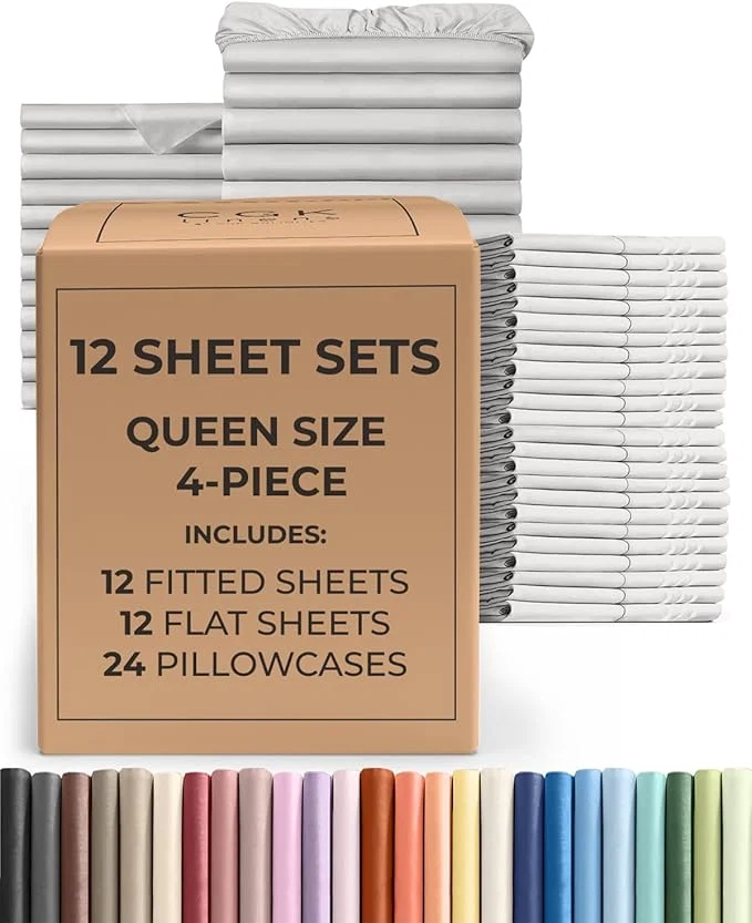 Expertly Made Bulk Case Pack of 12 Sheet Sets – 12 Complete Queen Size Sheet Sets with Deep Pockets – Whole Bulk Bedding for Hotels Spas amp Airbnbs – Breathable Cooling amp Wrinkle – Queen French Grey Fashionable