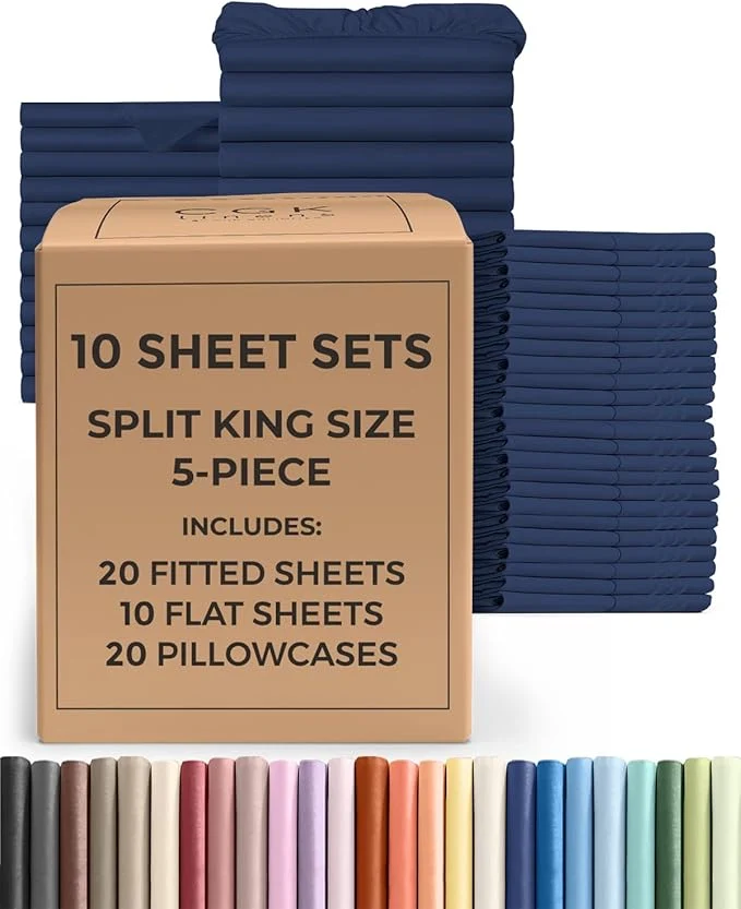 Natural Bulk Case Pack of 10 Sheet Sets – 10 Complete Split King Size Sheet Sets with Deep Pockets – Whole Bulk Bedding for Hotels Spas amp Airbnbs – Breathable amp Wrinkle – Split King Navy Blue Comfortable