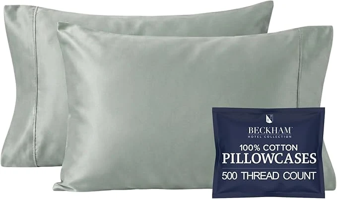 Fine Beckham Hotel Collection Pillowcases King Size Set of 2 Cool Touch Cotton Sateen Fabric 500TC Silky Smooth amp Soft Open End Aqua Gray Authentic