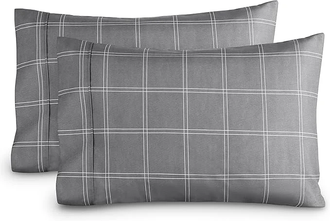 Versatile Bare Home Microfiber Pillow Cases – Standard Queen Size Set of 2 – Cooling Pillowcases – Double Brushed – Pillowcases 2 Pack – Easy Care Standard Modern Plaid – Grey White Elegant