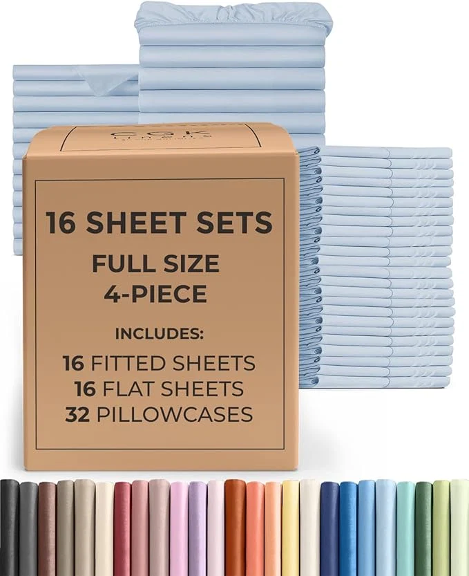 Sustainable Bulk Case Pack of 16 Sheet Sets – 16 Complete Full Size Sheet Sets with Deep Pockets – Whole Bulk Bedding for Hotels Spas amp Airbnbs – Breathable Cooling Soft amp Wrinkle – Full Sky Blue Flexible
