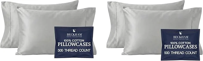 Fine Beckham Hotel Collection Cotton Pillowcases King Size 500TC Sateen Finish Open End Breathable Moisture-Wicking Dark Gray 4 Pieces Fine Crafted