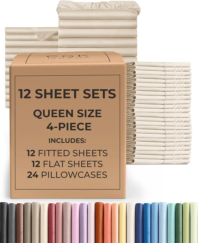 High-Performance Bulk Case Pack of 12 Sheet Sets – 12 Complete Sheet Sets – Bulk Queen Bedding – Whole Case Pack for Hotels Spa amp Airbnbs – Deep Pocket Fade amp Wrinkle – Cooling amp Breathable – Queen Cream Fashionable