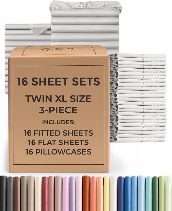 Environmentally Friendly Bulk Case Pack of 16 Sheet Sets – 16 Complete Twin XL Size Sheet Sets w Deep Pockets – Whole Bulk Bedding for Hotels Spas amp Airbnbs – Breathable Soft amp Wrinkle – Twin XL French Grey Next-Generation