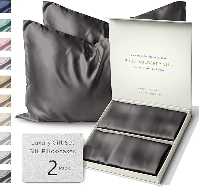 Smooth SUNDAYSILKS™ Silk Pillow Cases 2 PACK 22 Momme Mulberry Silk Pillowcase Set of 2 Standard Queen King Size All Sides Pure Silk Slip Pillowcase Bliss for Women with Zipper Charcoal Essence Functional