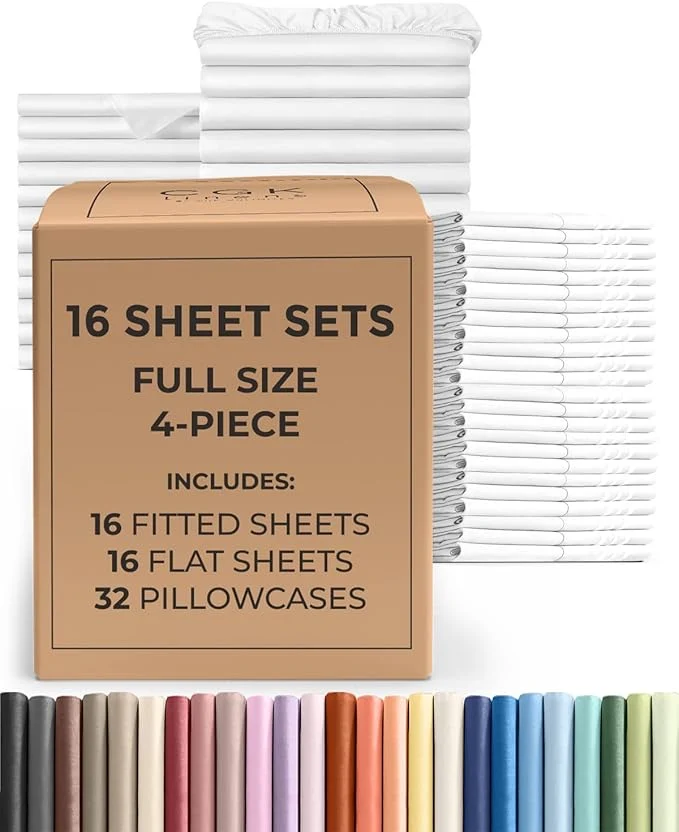 Fine Bulk Case Pack of 16 Sheet Sets – 16 Complete Sheet Sets – Bulk Full Bedding – Whole Case Pack for Hotels Spa amp Airbnbs – Deep Pocket Fade amp Wrinkle – Cooling amp Breathable – Full White Easy-to-Use