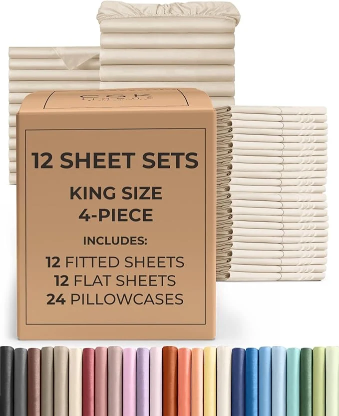 First-Class Bulk Case Pack of 12 Sheet Sets – 12 Complete Sheet Sets – Bulk King Bedding – Whole Case Pack for Hotels Spa amp Airbnbs – Deep Pocket Fade amp Wrinkle – Cooling amp Breathable – King Cream Official