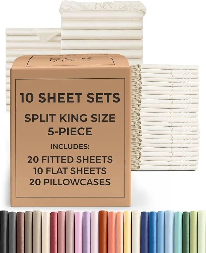 Practical Bulk Case Pack of 10 Sheet Sets – 10 Complete Split King Size Sheet Sets with Deep Pockets – Whole Bulk Bedding for Hotels Spas amp Airbnbs – Breathable amp Wrinkle – Split King Off White Safe