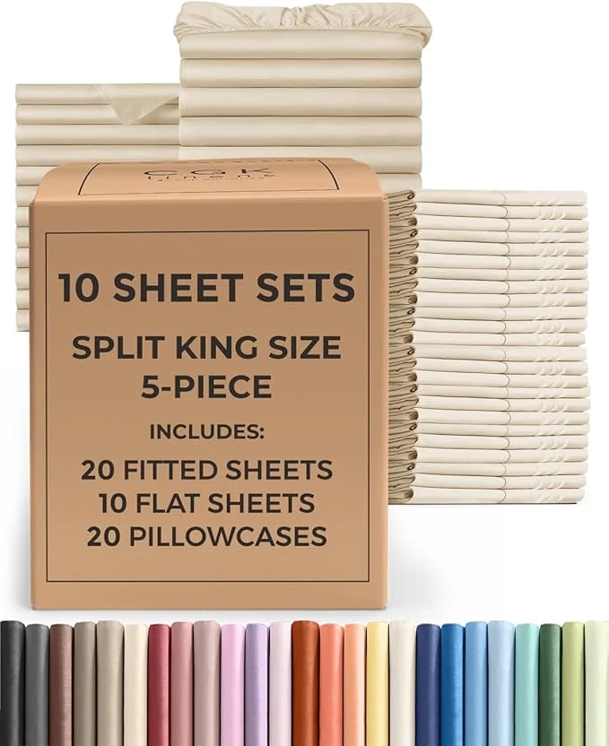 High-Grade Bulk Case Pack of 10 Sheet Sets – 10 Complete Split King Size Sheet Sets w Deep Pockets – Whole Bulk Bedding for Hotels Spas amp Airbnbs – Breathable and Wrinkle – Split King Wheat Genuine