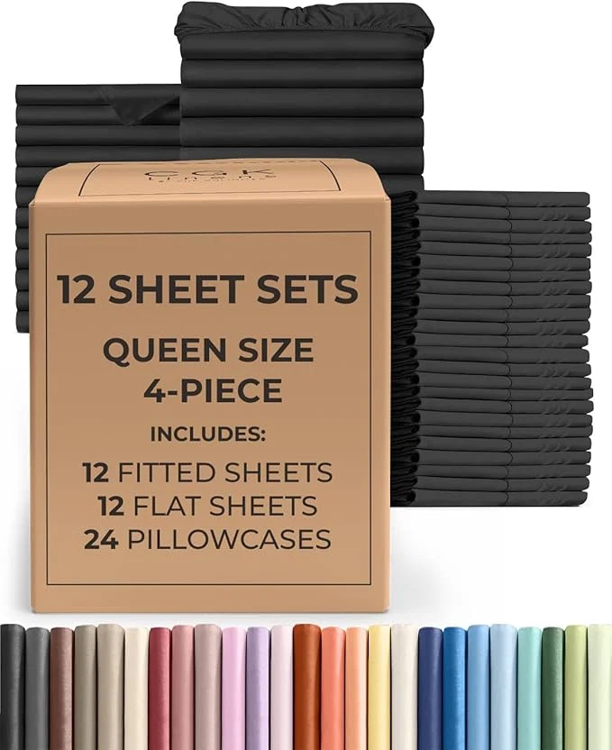 Classic Bulk Case Pack of 12 Sheet Sets – 12 Massage Sheet Sets – Bulk Pack of Queen Sheet Sets – Bulk Queen Size Sheets – Whole Bulk Sheets for Hotels amp Airbnbs – Exceptional Value – Queen Sized Black Comfortable