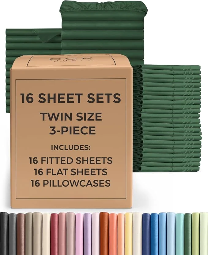 Organic Bulk Case Pack of 16 Sheet Sets – 16 Complete Twin Size Sheet Sets with Deep Pockets – Whole Bulk Bedding for Hotels Spas amp Airbnbs – Breathable Cooling amp Wrinkle – Twin Emerald Green High-Performance