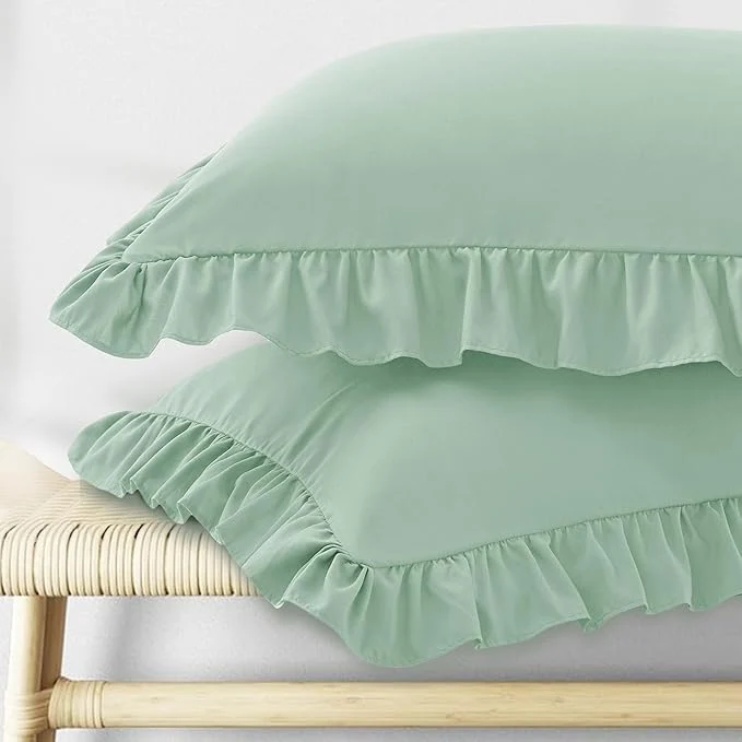 Crafted KKJIAF Ruffle Pillow Cases Standard Size Set of 2 Ruffled Pillow Covers with Envelope Closure Wrinkle Resistant Pillowcases 20 quot x 26 quot Ruffled Pillow Shams Sage Green Contemporary